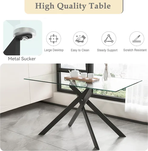 Miniatura 5 de SSLine Mesa de comedor moderna de cristal, rectangular de 51 pulgadas, color negro con patas de metal diseñadas en X para cocina y comedor