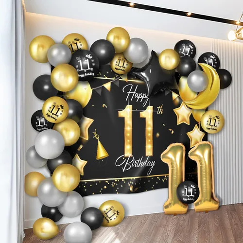 Miniatura 8 de Juego de globos dorados de feliz cumpleaños número 10 – Saludos a los 10 años de edad, guirnalda temática de fiesta con estrellas y luna, decoración