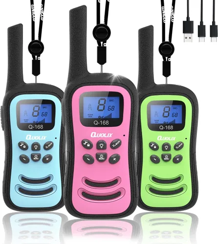 Miniatura 10 de QUOLIX Walkie Talkies para niños, paquete de 2 unidades, juguetes recargables para niños de 3 a 12 años, Walkie Talkie de largo alcance con 22