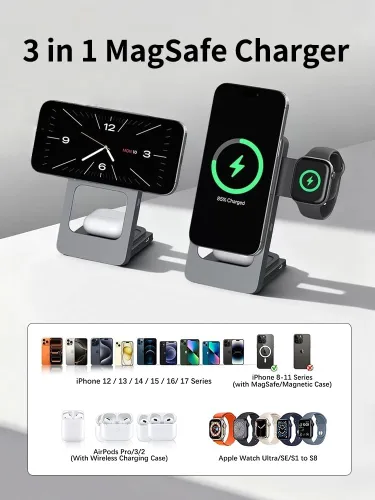 Miniatura 8 de Estación de carga inalámbrica plegable 3 en 1 para iPhone, Apple Watch, AirPods, marco de aleación de aluminio, carga rápida de 15 W, soporte Gris