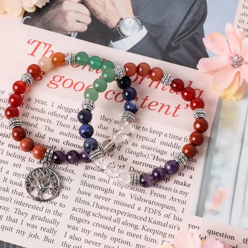 Miniatura 4 de Eigso Pulsera elástica de piedra de cristal de meditación curativa de 7 chakras para mujer con símbolo de loto, yoga, árbol, OM