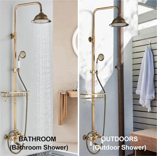 Miniatura 2 de Sistema de ducha de latón antiguo, accesorios de ducha para exteriores con cabezal de ducha de lluvia de 8 pulgadas y asas cruzadas dobles para baño