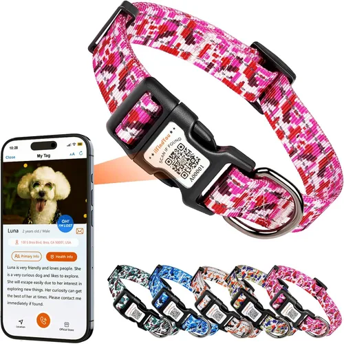 Collar Reflectante para Perro, Collares Personalizados para Perro con Hebilla de Código QR, Collar de Nailon Suave para Mascotas Ajustable para Camo
