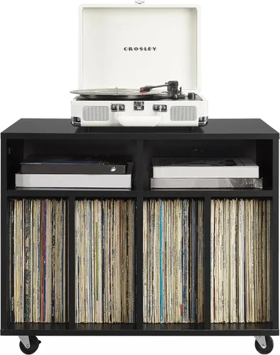 Crosley Furniture Carlo - Consola de almacenamiento de discos rodantes, soporte móvil para tocadiscos, soporte para discos de vinilo, color negro