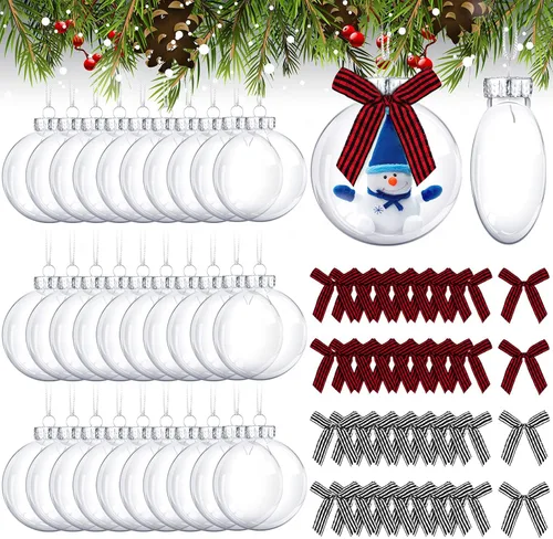 Miniatura 9 de Yookeer 64 discos de plástico para adornos navideños, bolas de plástico iridiscentes transparentes rellenables con tapa plateada y lazos a cuadros