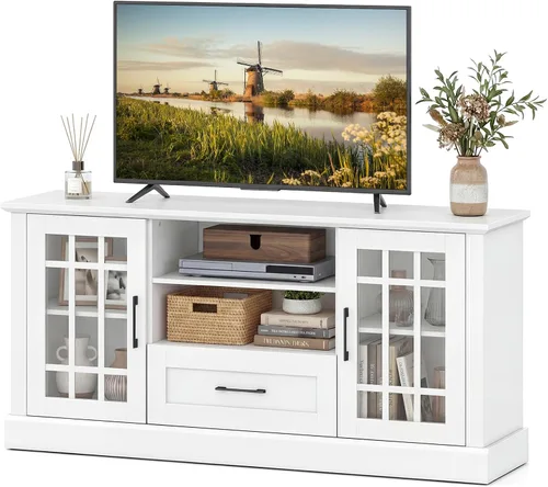 LOKO Armario de TV de 62 pulgadas, mesa consola multimedia con 2 armarios y cajones de puerta de cristal, para televisores de hasta 70 pulgadas,