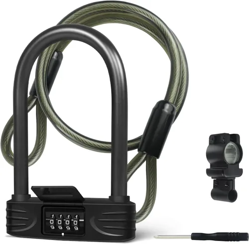 Miniatura 9 de Cerradura en U para bicicleta resistente, cerradura de bicicleta con contraseña de combinación de 4 dígitos con grillete de bloqueo en U