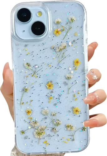 Miniatura 54 de LSEEKA Funda transparente para iPhone 13 Mini/iPhone 12 Mini con diseño de flores reales prensadas, con purpurina, bonito patrón floral blanco, Oro