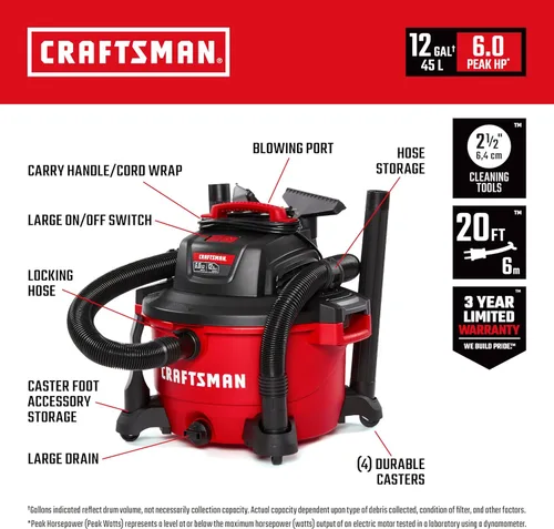 Miniatura 2 de CRAFTSMAN CMXEVBE17594 Aspiradora húmeda y seca de 12 galones, 6.0 HP de pico, aspiradora de taller portátil húmeda y seca con filtro, 3 bolsas