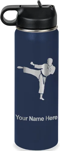 Miniatura 55 de Botella de agua personalizada LaserGram, Karate Man, de acero inoxidable con doble pared aislada al vacío con tapa abatible, regalo personalizado
