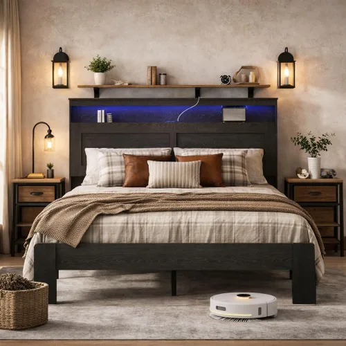 Miniatura 9 de Marco de cama de madera tamaño King con cabecera, base de cama de plataforma estilo granja rústica con soporte de listones de madera, resistente