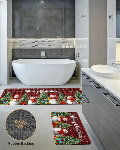 Miniatura 5 de Tapete de baño de muñeco de nieve a cuadros rojos para bañera, antideslizante, de secado rápido y absorbente, tierra de diatomeas para fregadero