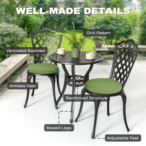Miniatura 5 de NUU GARDEN Juego de 3 piezas de aluminio fundido para patio, mesa y sillas para exteriores, juego de 2 con agujero para sombrilla y cojines verdes