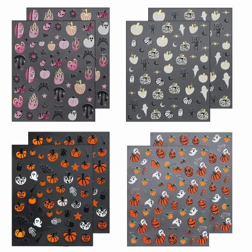 Miniatura 2 de 8 hojas de calcomanías de uñas de Halloween con diseños de fantasmas lindos, calabaza, araña, telaraña, sangre, llama 3D, autoadhesivas, Otoño