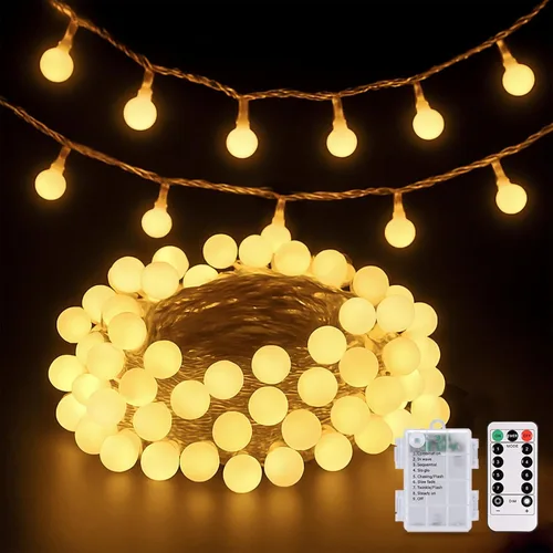 Miniatura 12 de JMEXSUSS 100 luces LED de Navidad a pilas para interiores y exteriores, impermeables, 33 pies, luces de globo en cadena con pilas con control Varios