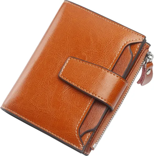 Miniatura 32 de Lavemi Pequeña cartera compacta para mujer, con bloqueo RFID, de piel auténtica, plegable, con ventanas de identificación