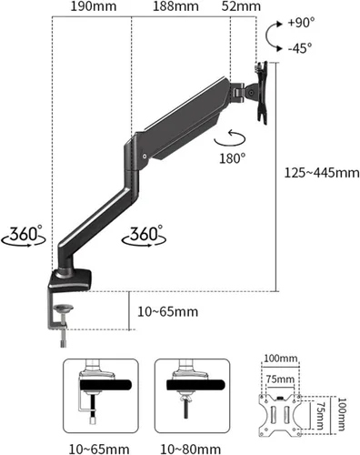 Miniatura 8 de Soporte de escritorio de brazo de monitor único para monitor de pantalla de 17-32 pulgadas, abrazadera de brazo de altura ajustable, rotación de 360