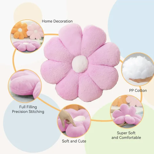 Miniatura 4 de Almohadas Decorativas de Flores Moradas, 25.5 Pulgadas, Almohada Suave de Margarita con Forma de Flor, Cojín de Asiento de Piso para Lectura