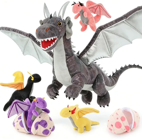 Miniatura 10 de MaoGoLan 7 animales de peluche gigantes de dragón, juguete de peluche de dragón de 22 pulgadas con 4 bebés y 2 huevos en el vientre de mamá, juego