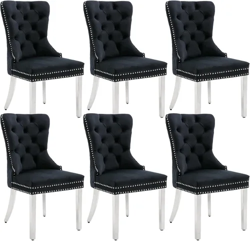 Miniatura 16 de KCC Juego de 2 sillas de comedor tapizadas de terciopelo, modernas sillas capitoné con botones con anillo de cabeza de león y patas de acero Patas