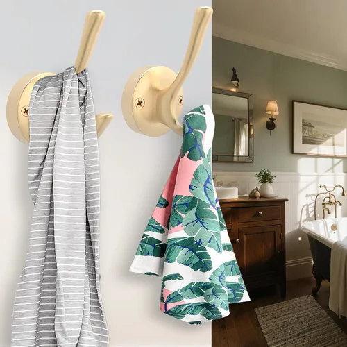 Miniatura 3 de TOFIIGREM Ganchos dorados para pared, paquete de 3 ganchos para toallas, de metal resistente, doble gancho para bata de baño, ganchos
