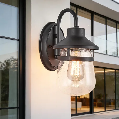 Miniatura 12 de Tarentlight Aplique de pared para exteriores con pantalla de vidrio transparente semillado, accesorio exterior impermeable en acabado de bronce
