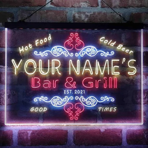 Miniatura 9 de Letrero de luz de neón LED tricolor personalizado para bar y parrilla, nombre personalizado, fecha, texto, cita, fuente blanco, azul y rojo, 17.7 x