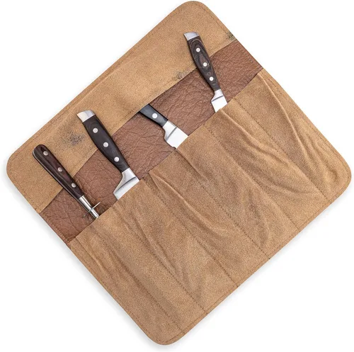 Miniatura 3 de Bolsa de rollo de cuchillos Cuero Genuino - Bolsa de cuchillos de chef 7 ranuras - Estuche de cuero para cuchillos Sam Marrón