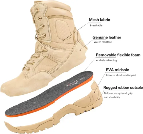 Miniatura 5 de NORTIV 8 Botas de trabajo tácticas militares para hombre, senderismo, con cremallera lateral, de cuero, para exteriores, motocicleta, combate