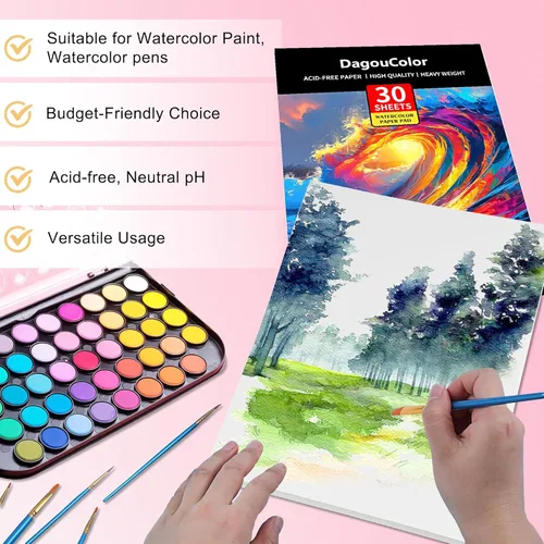 Miniatura 3 de DagouColor Bloc de papel de acuarela, A4, paquete de 2, 30 hojas cada una, papel prensado en frío de 140 libras/10.58 oz/m², libro de artista