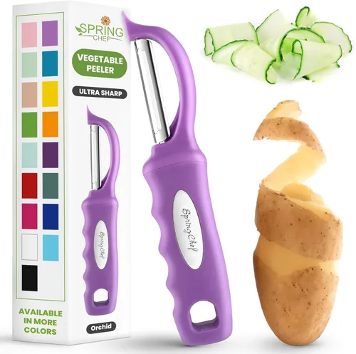 Miniatura 36 de Spring Chef Pelador de verduras giratorio profesional rojo para cocina, peladores de papas de acero inoxidable con mango de agarre suave, perfecto