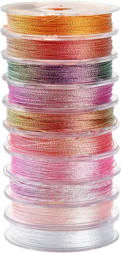 Miniatura 8 de LiQunSweet 10 rollos de 24 yardas (72.2 ft)/rollo de cordones metálicos redondos coloridos de poliéster para collares, pulseras, joyas