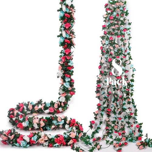 Miniatura 14 de Miracliy 8 guirnaldas de flores rojas de 66 pies, rosas artificiales de color naranja, guirnalda de flores falsas de primavera para telón de fondo