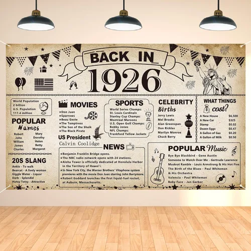 DARUNAXY Decoración de Fiesta de Cumpleaños 100, Pancarta Vintage de Regreso en 1926, Póster de Fiesta de Cumpleaños de 100 Años, Suministros