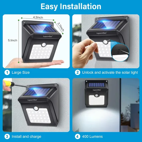 Miniatura 3 de Luposwiten Luces solares para exteriores, 28 LED, luces solares con sensor de movimiento con ángulo de movimiento de 125°, impermeable, IP65