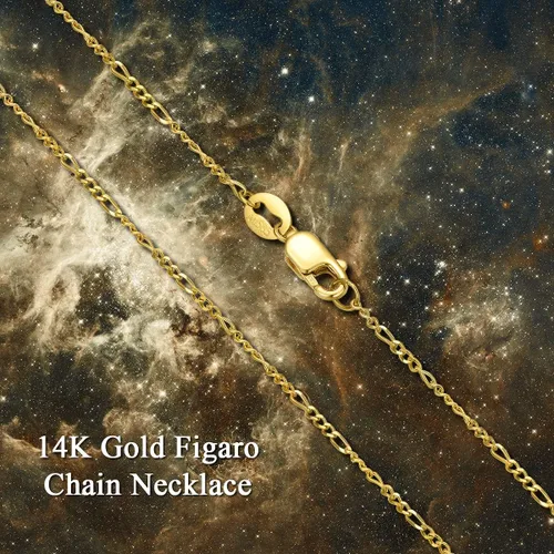 Miniatura 5 de SISGEM Collar de cadena Figaro de oro real de 14 quilates con cierre de garra de langosta, oro amarillo de 0.044in, cadena Figaro de eslabones de 16