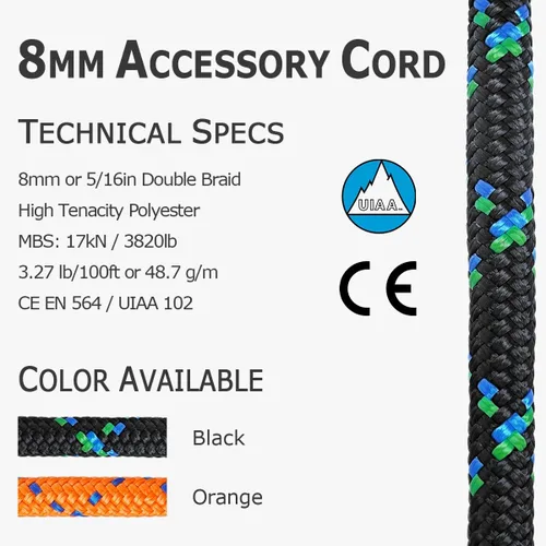 Miniatura 2 de GM CLIMBING 8mm (5/16in) Cuerda de Accesorio de Cuerda de Cordón Doble Trenzado Pre Cortada CE/UIAA Negro