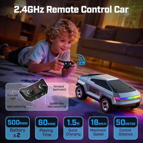 Miniatura 5 de WayEee Auto de control remoto 1/24 Cyber RC Truck, autos RC para niños con luces coloridas, control remoto de 2.4GHz, 2 baterías recargables, 18KM/H