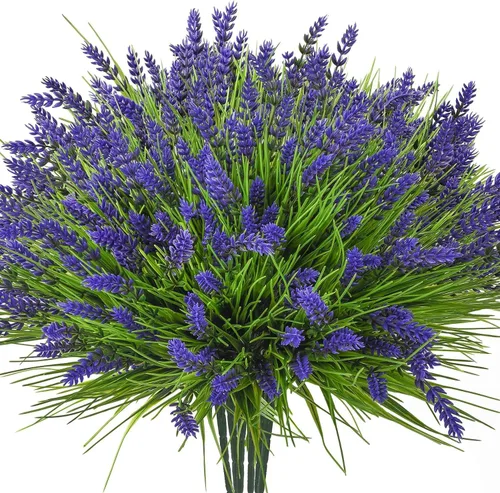 Plantas artificiales para exteriores, 24 flores artificiales de lavanda, flores falsas resistentes a los rayos UV, flores sintéticas para macetas al