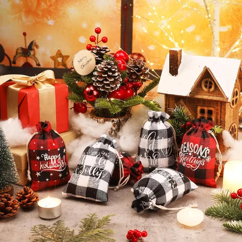 Miniatura 4 de Boao 24 bolsas de Navidad con cordón para regalo de Navidad, a cuadros, de algodón, para suministros de fiesta de dulces de Navidad