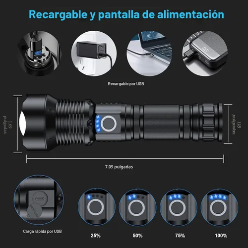 Miniatura 5 de Linternas recargables de 10000 lúmenes altos, linterna LED impermeable para emergencias, linterna de alta potencia con 5 modos, con zoom