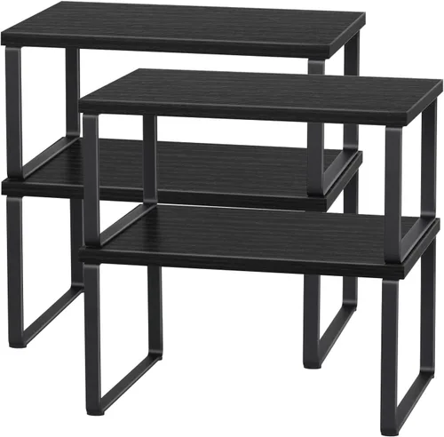 CADUKE Juego de 4 estantes de encimera de cocina, organizador de estantes apilables, estantes de encimera de madera, estantes de gabinete Negro