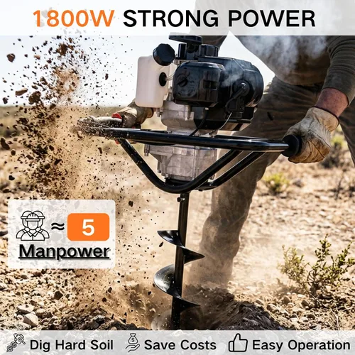 Miniatura 3 de DC HOUSE 52cc 1800W Perforadora de Tierra a Gas con Certificación EPA, con 2 Brocas de 6 y 10 Pulgadas, Relación de Mezcla 30:1, para Valla, Tierra