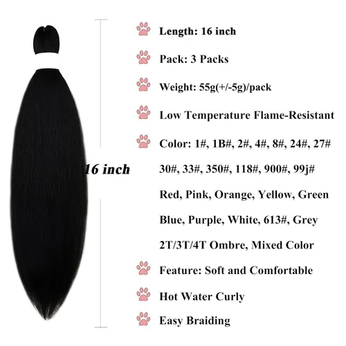 Miniatura 2 de Pelo trenzado corto 1B negro preestirado Extensiones de pelo trenzado para niños para trenzas de caja sin nudos, pelo trenzado preestirado de 16