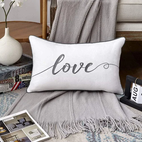 Miniatura 7 de Sanmetex Fundas de almohada decorativas de 12 x 20 pulgadas, funda de almohada lumbar de algodón suave bordada, funda de cojín rectangular gris