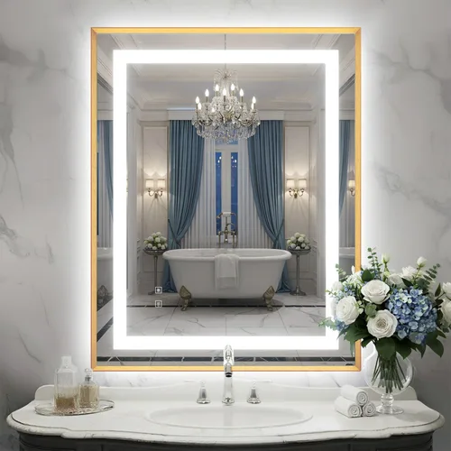 Miniatura 30 de Espejo de baño LED de 24 x 32 pulgadas con luces, espejo de tocador de baño con marco negro con luz frontal + retroiluminación para pared, vidrio