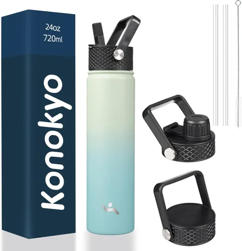 Miniatura 33 de Konokyo - Botella de agua aislada de 18 onzas, botellas deportivas de acero inoxidable con 3 tapas, verde militar