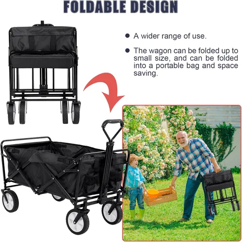Miniatura 4 de Vagón Plegable de Acero Resistente Plegable Utilitario para Exteriores en la Playa con Ruedas Grandes para Arena, Carrito de Jardín para Comestibles
