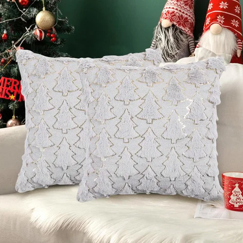 Miniatura 9 de Juego de 2 fundas de almohada de Navidad de 18 x 18 pulgadas, fundas de almohada beige con patrón de árbol de Navidad, fundas de cojín de piel
