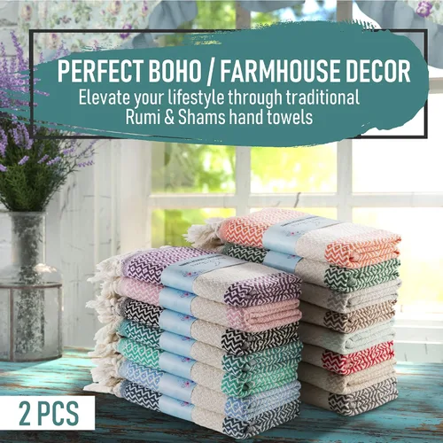 Miniatura 3 de RUMI & SHAMS - Toalla de mano turca para baño y cocina - 2 toallas de mano decorativas de lujo para baño - Toallas rústicas de cocina de 100 %